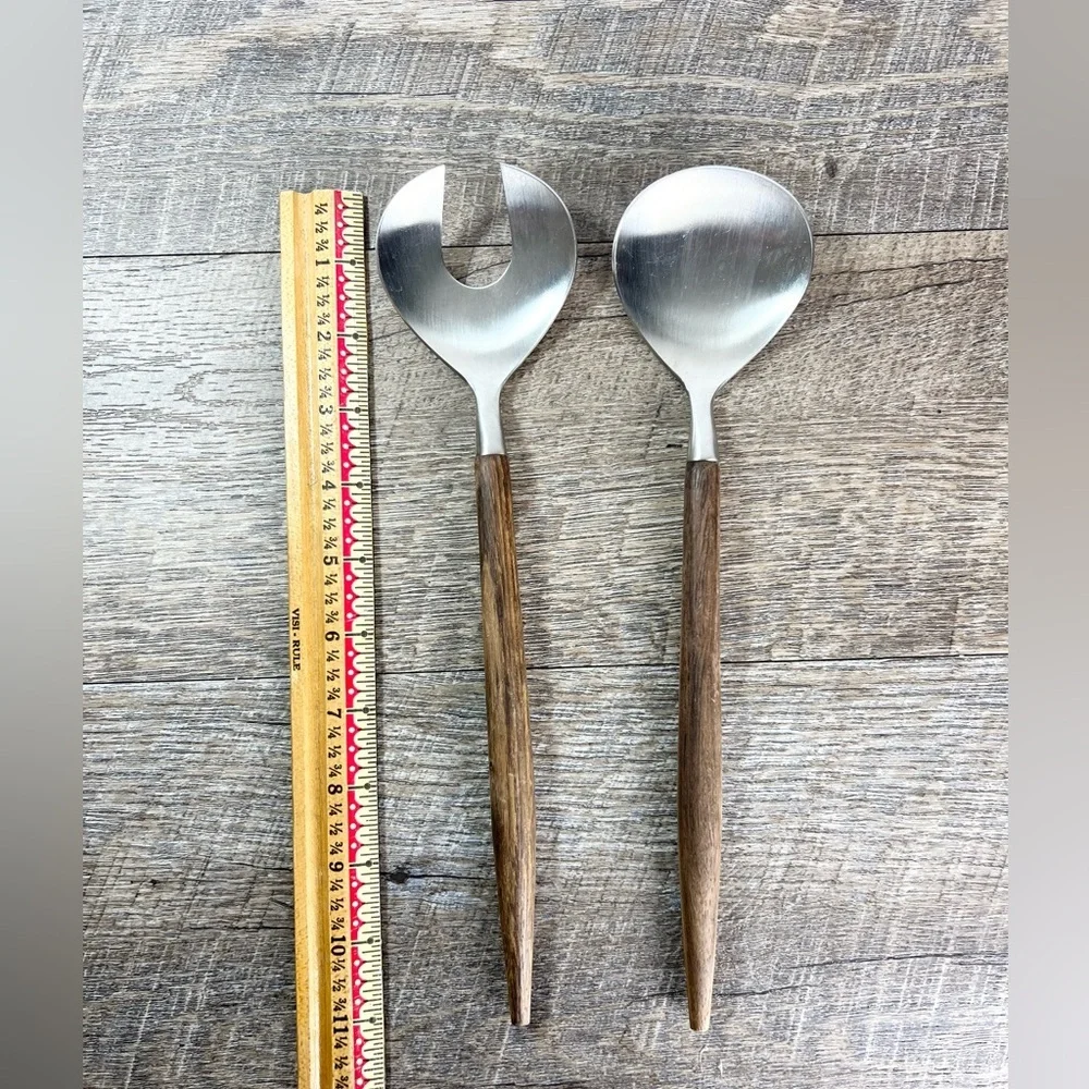 Reed & Barton Viking wood handle Salad Serving MCM mid century Stainless hostess